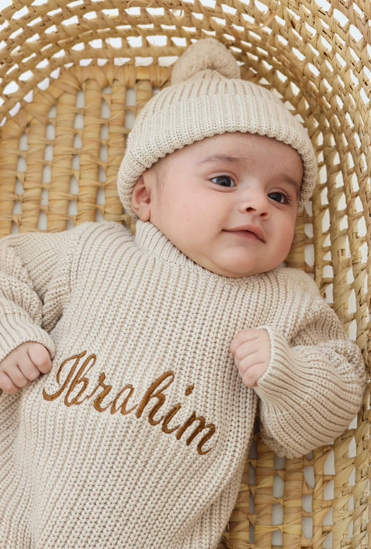 Personalised Knitted Romper, Hat & Booties